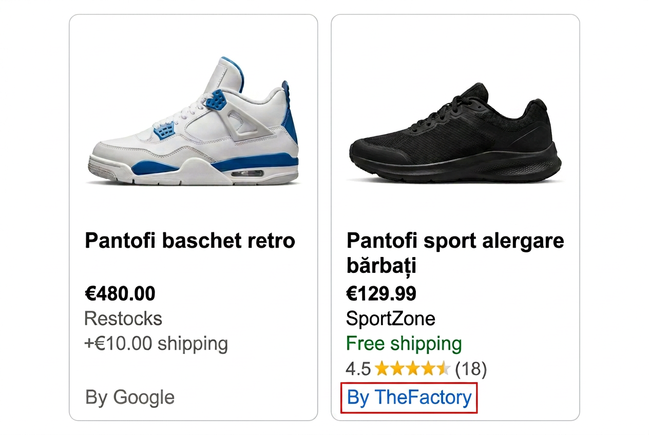 Detaliu card produs Google Shopping cu By TheFactory evidențiat