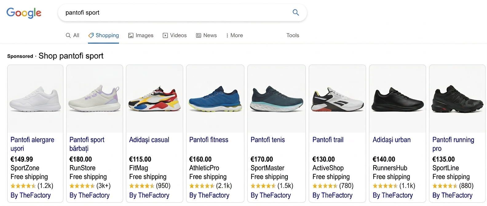 Mockup Google Shopping cu eticheta By TheFactory pe produse