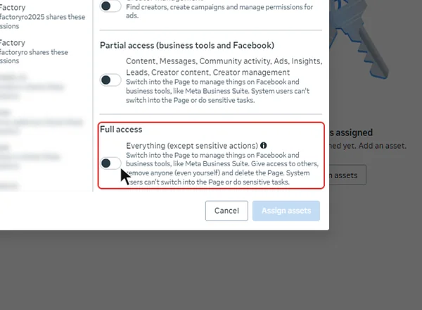 Opțiunea Everything (except sensitive actions) de la Full access pentru pagina de Facebook