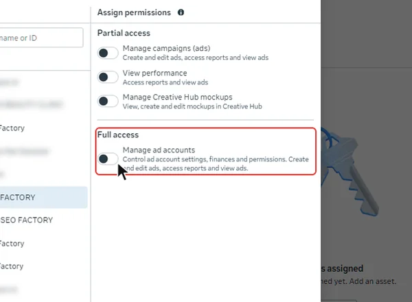 Opțiunea Manage ad accounts de la Full access pentru contul de reclame