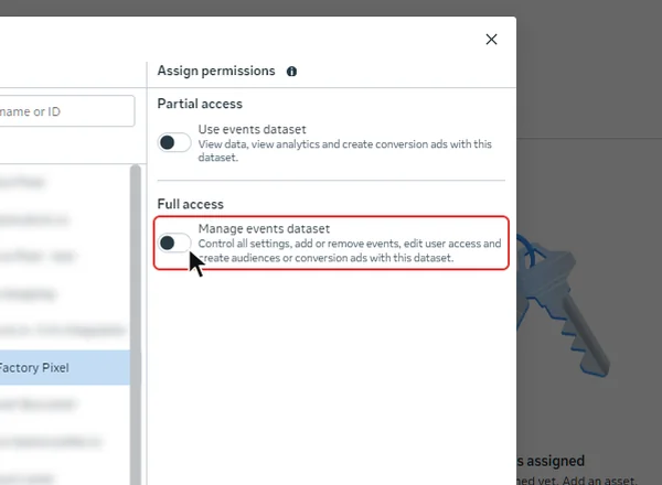 Opțiunea Manage events dataset de la Full access pentru setul de date