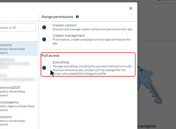 Opțiunea Everything de la Full access pentru contul de Instagram