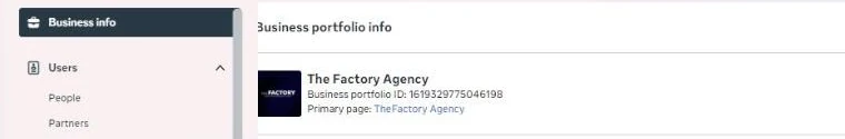 Business portfolio ID afișat la Business info, sub numele portofoliului Meta