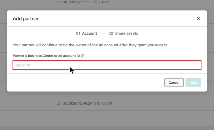 Câmpul Partner's Business Center or ad account ID din fereastra Add partner