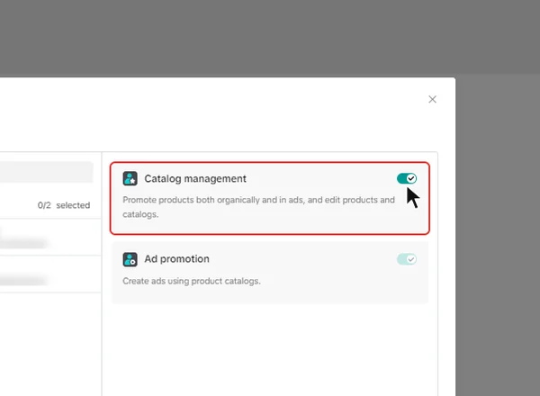 Opțiunea Catalog management activă pentru catalogul de produse